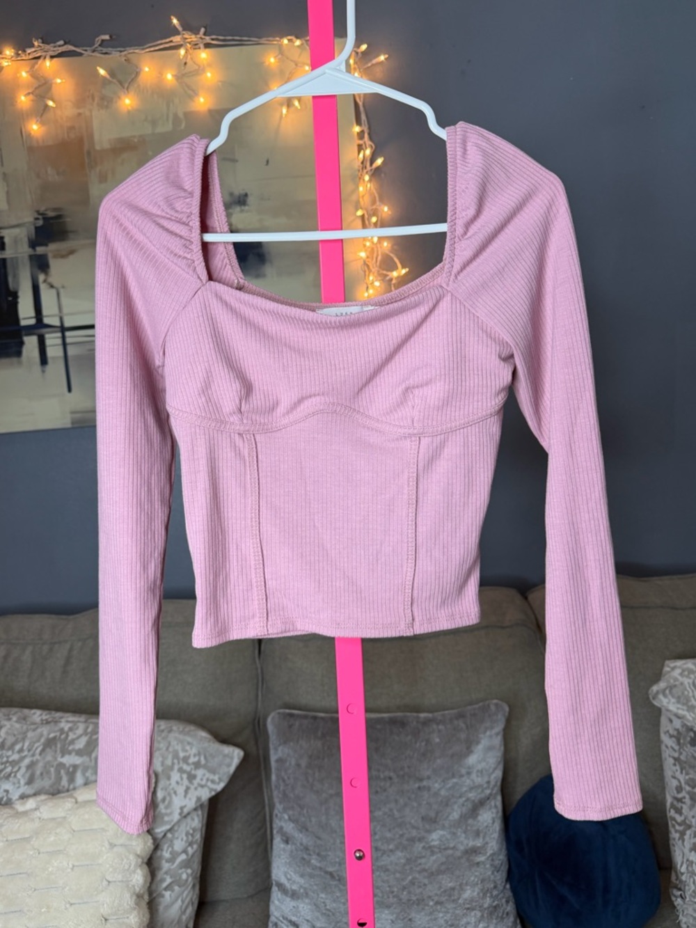 Lush Pink Ribbed Long Sleeve Corset Style Crop Top XS